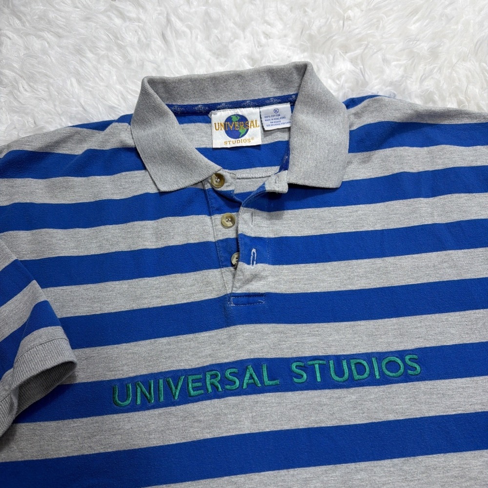 Vintage 1990's Universal Studios Shirt‎ Mens XL Blue Gray Striped Polo Retro